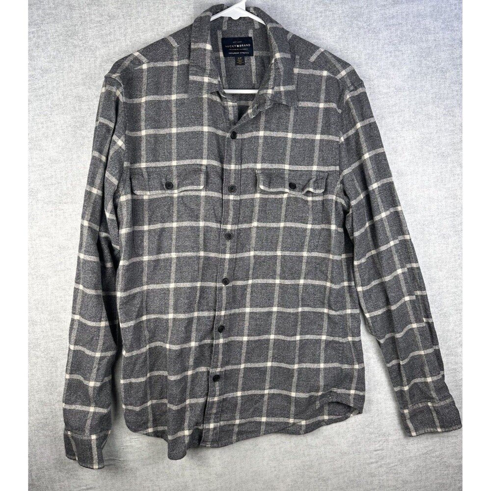 Lucky Brand Mens Saturday Stretch Grey Plaid Flannel Button Up Shirt Sm Workwear